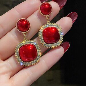Red Square Pendant Earrings